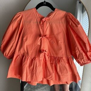 Karlie Orange Puff Sleeve Tie Front Blouse
